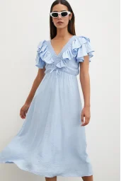 Ruffle Detail V Neck Embroidered Linen Dress Blue