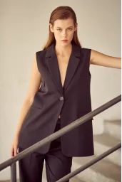 Buttoned Long Vest with Pocket - Black