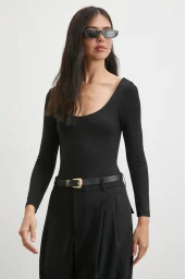 U Yaka Uzun Kollu Çıtçıtlı Bodysuit Siyah