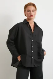 Cepli Oversize Keten Gömlek Siyah