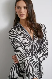 Zebra Pattern V Neck Satin Shirt Black