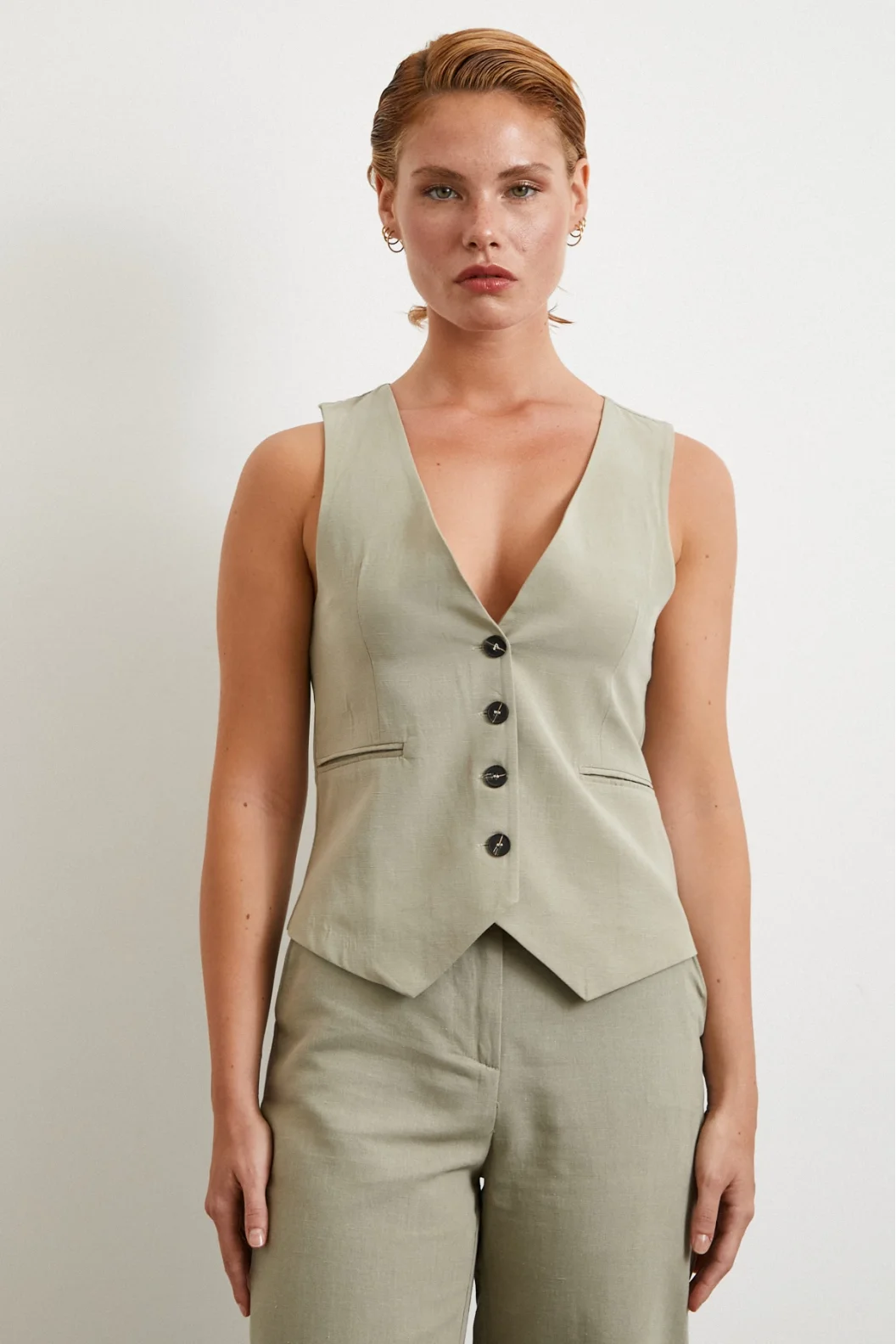 Cep Kapaklı Keten Yelek Gri