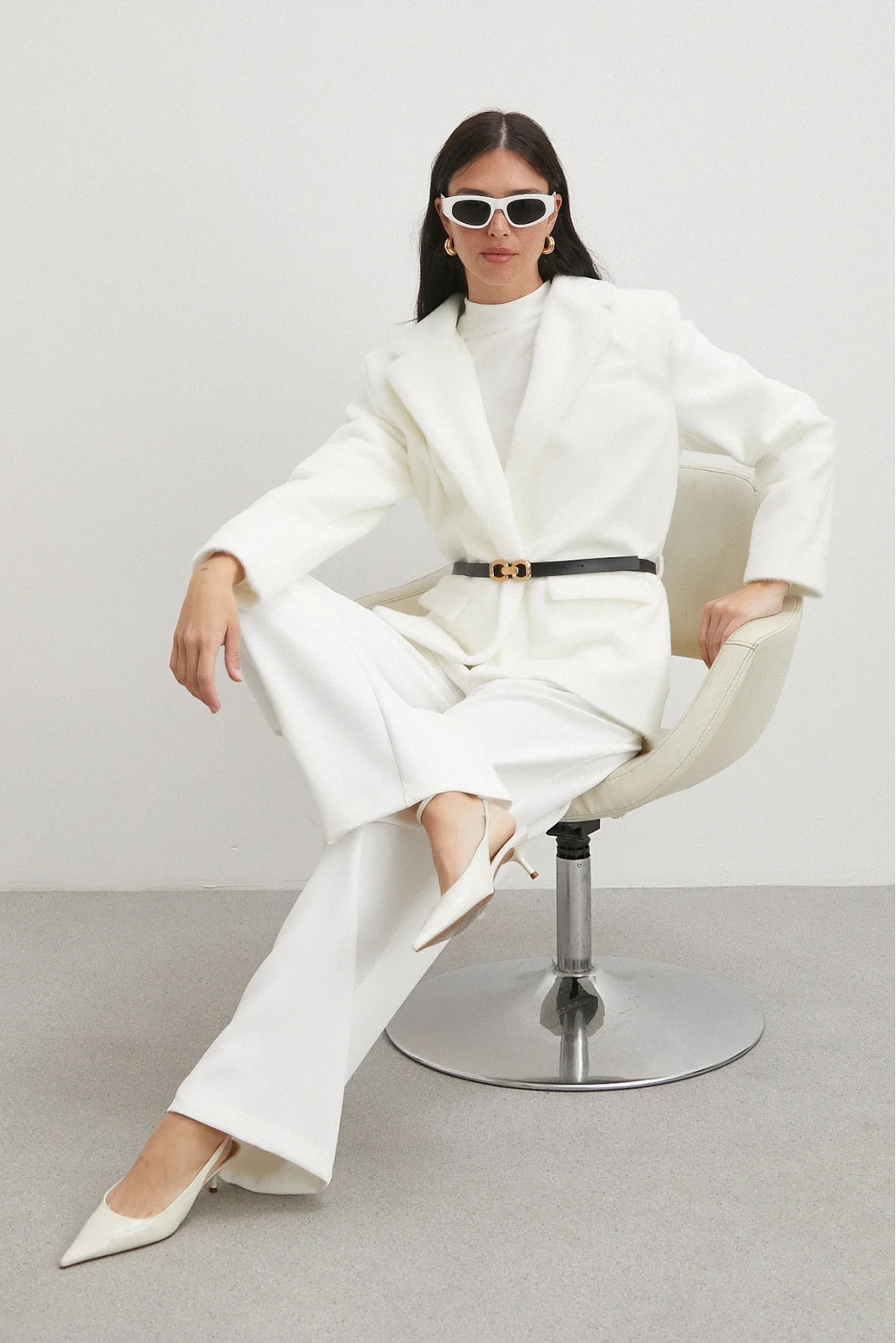 Kemerli Tay Flock Ceket Beyaz