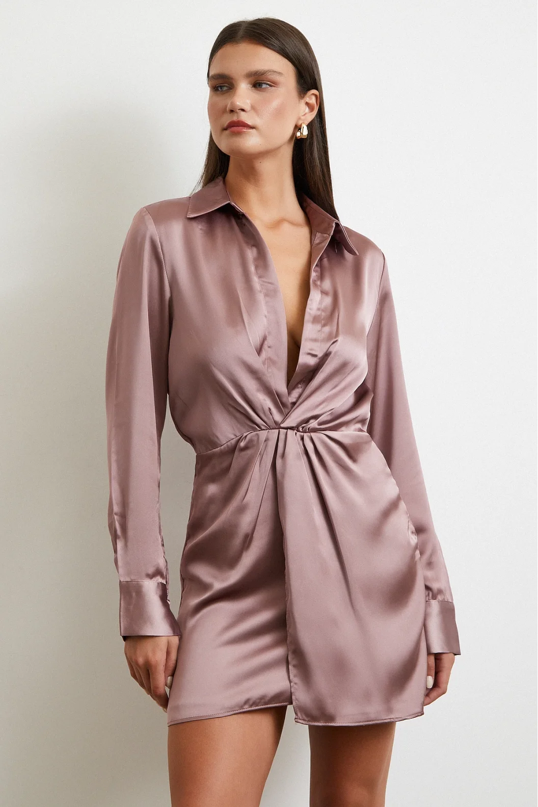 Viskon Saten Gömlek Elbise Yeşil