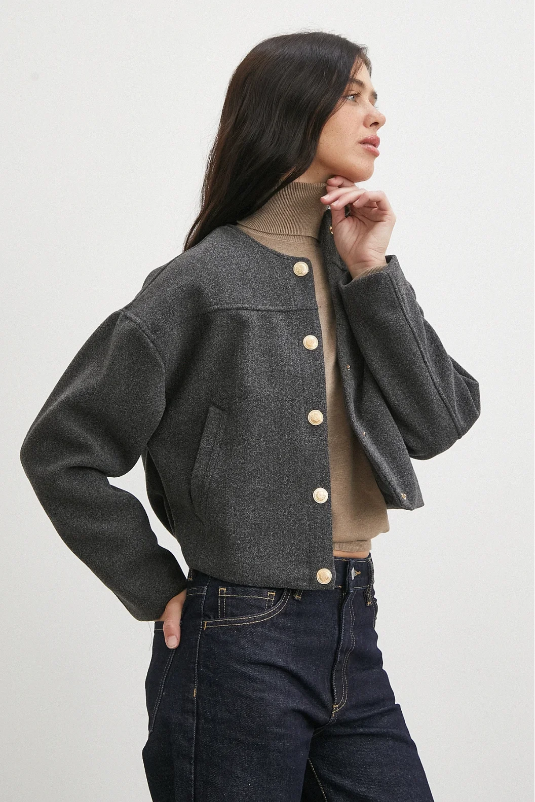 Beli Lastikli Düğmeli Bomber Ceket Antirasit