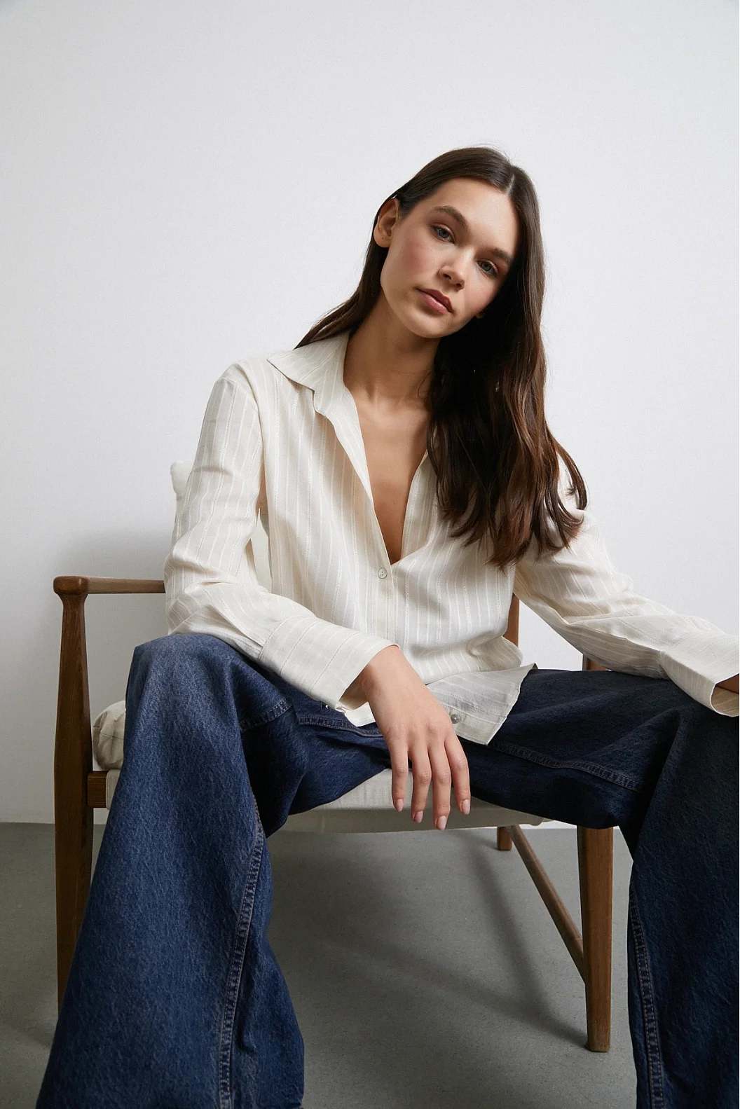 Cotton Glitter Striped Shirt Cream