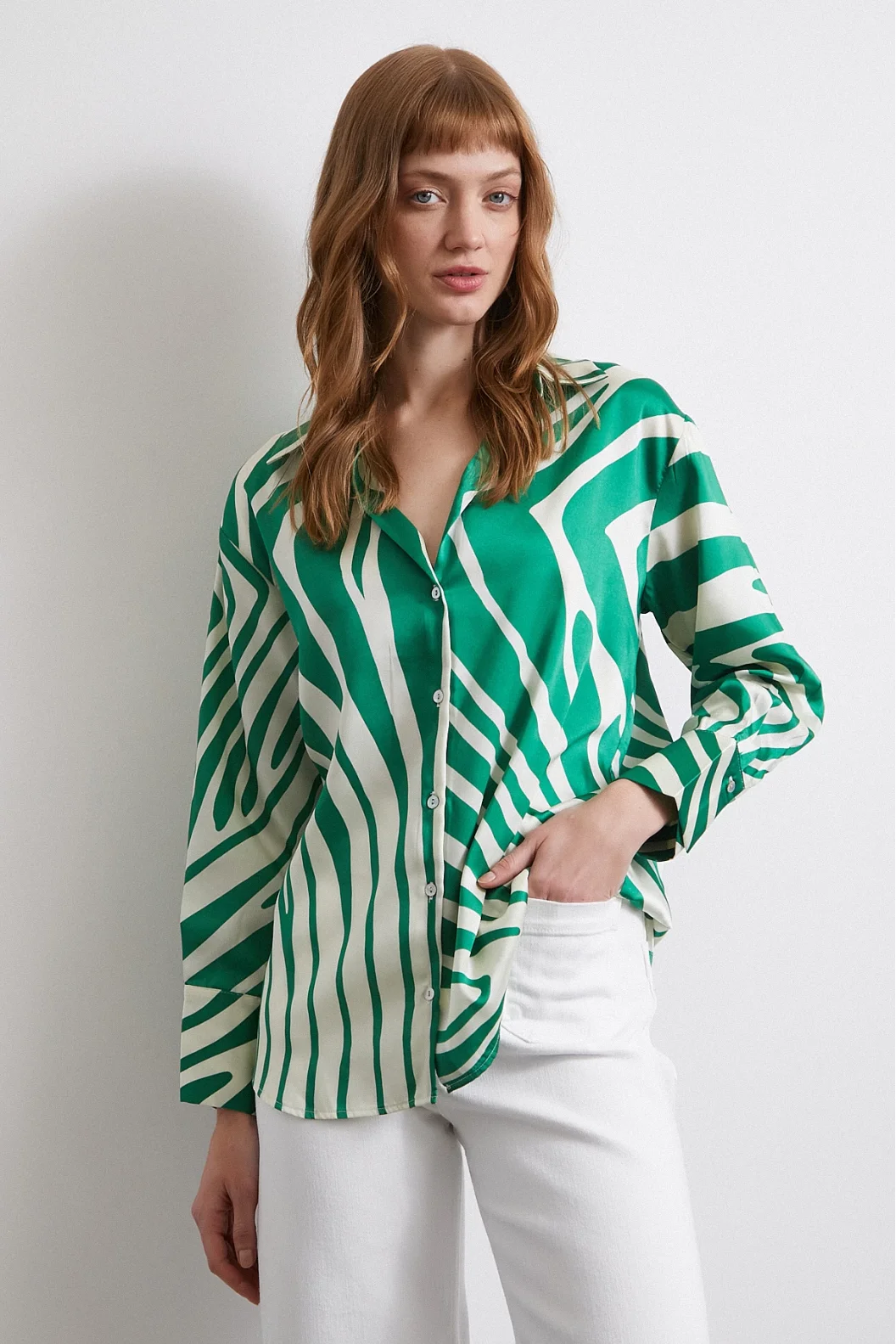 Zebra Pattern V Neck Shirt Green