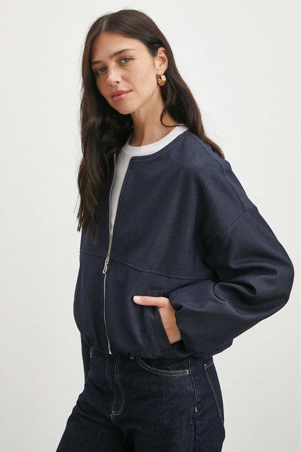 Beli Lastikli Fermuarlı Denim Görünümlü Bomber Ceket Lacivert