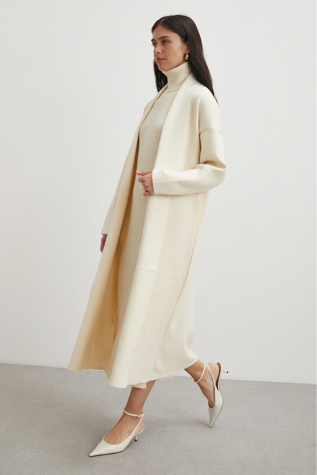 Uzun Elbiseli Hırka Triko Takım Ekru