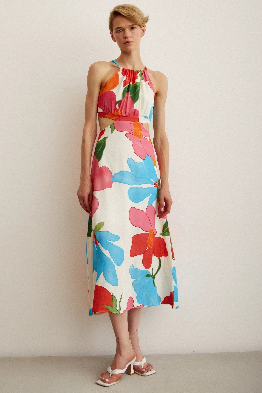 Side Cut Flared Strap Dress Blue