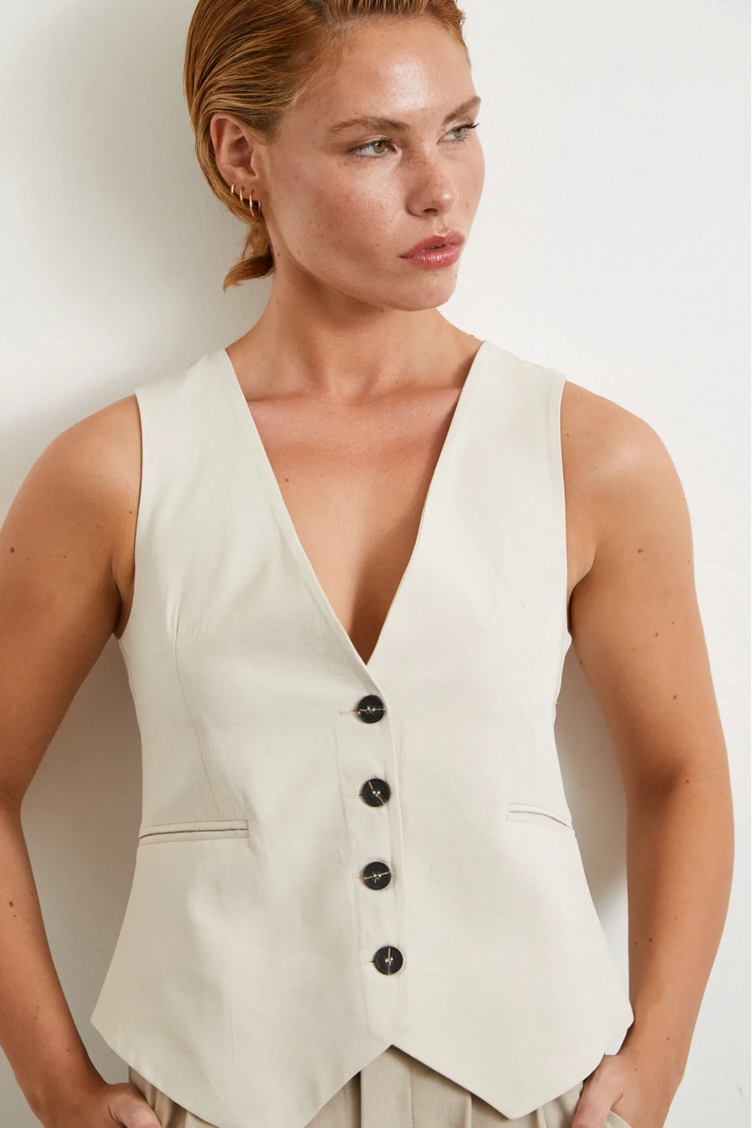 Cep Kapaklı Keten Yelek Krem