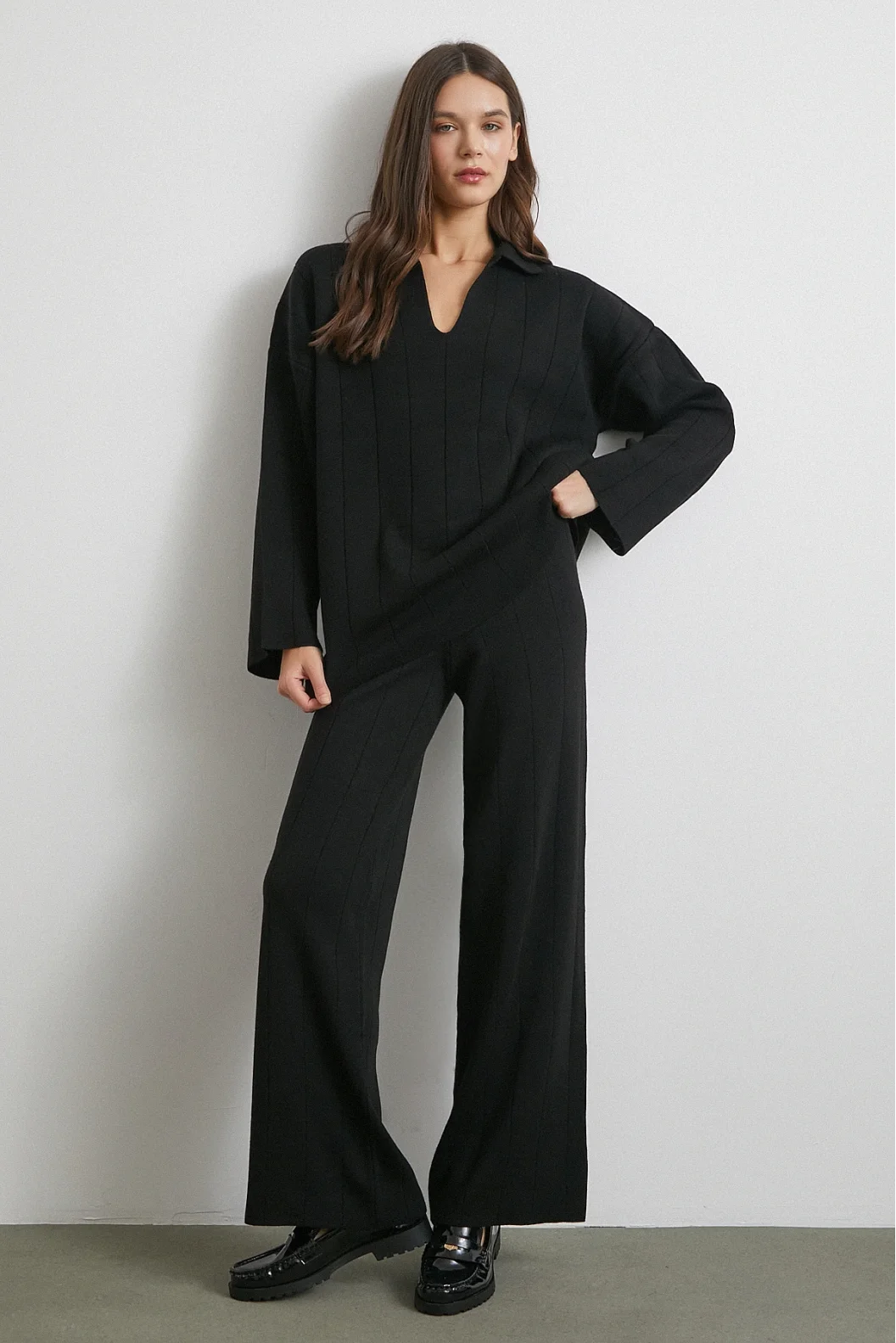 Polo Yaka Pantolonlu Triko Takım Siyah