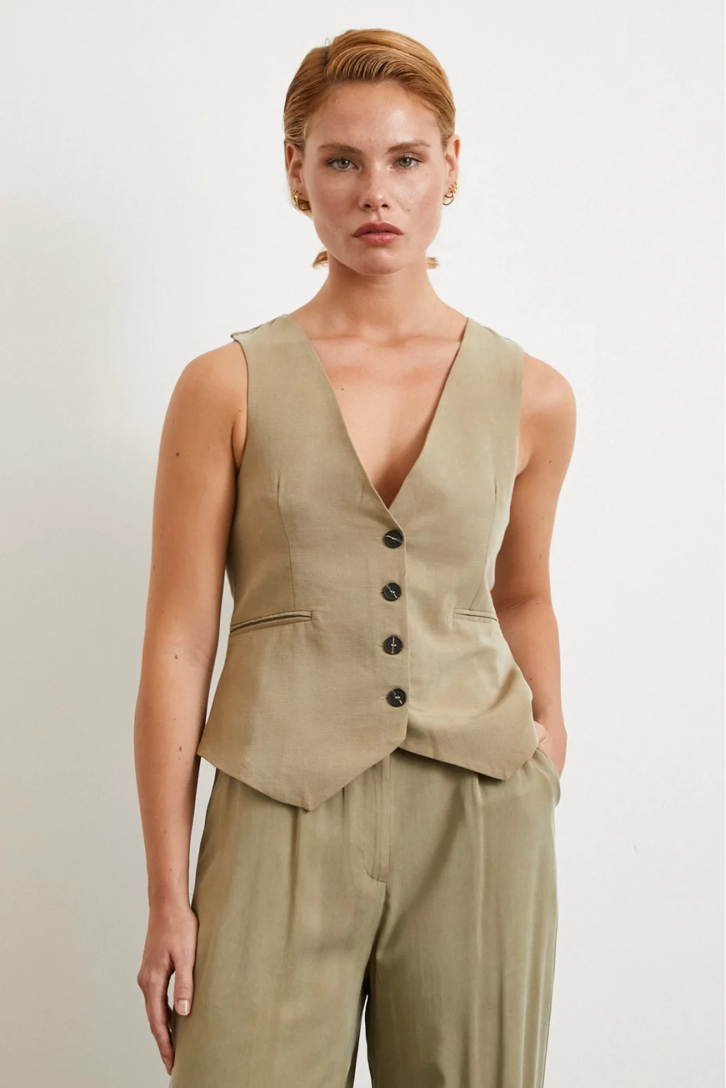 Cep Kapaklı Keten Yelek Haki