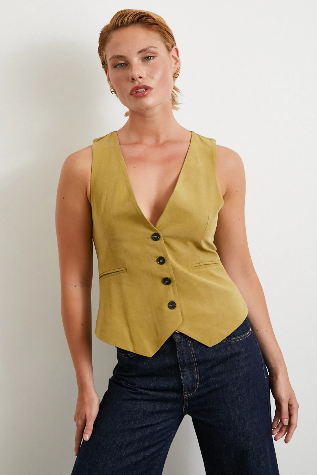 Cep Kapaklı Keten Yelek Olive