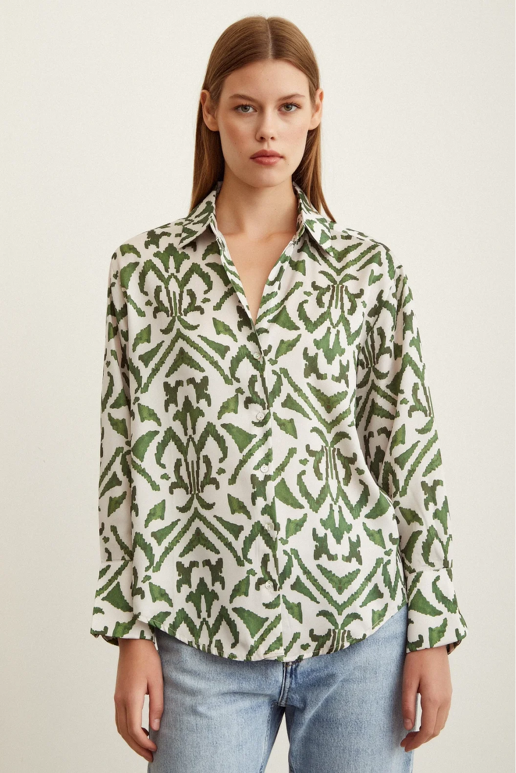 V Neck Patterned Satin Shirt Khaki
