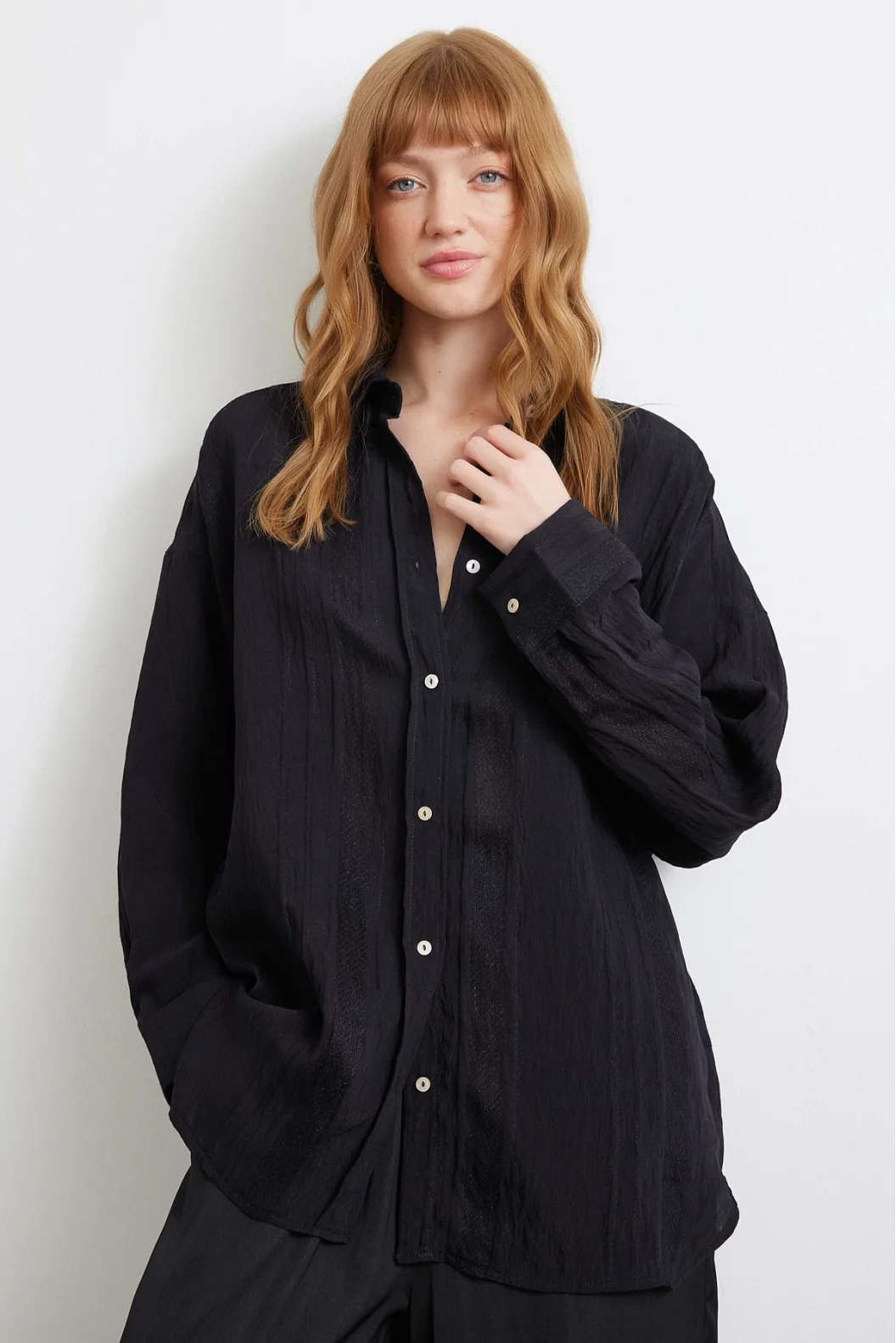 Lace-Detailed Sheer Cotton Shirt Black