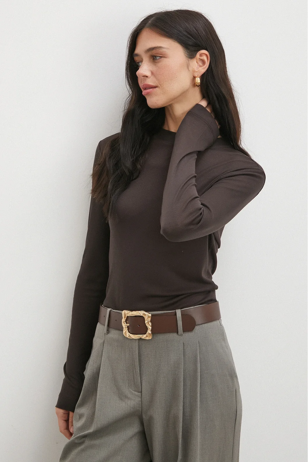 Bisiklet Yaka Uzun  Kol Bluz Kahve