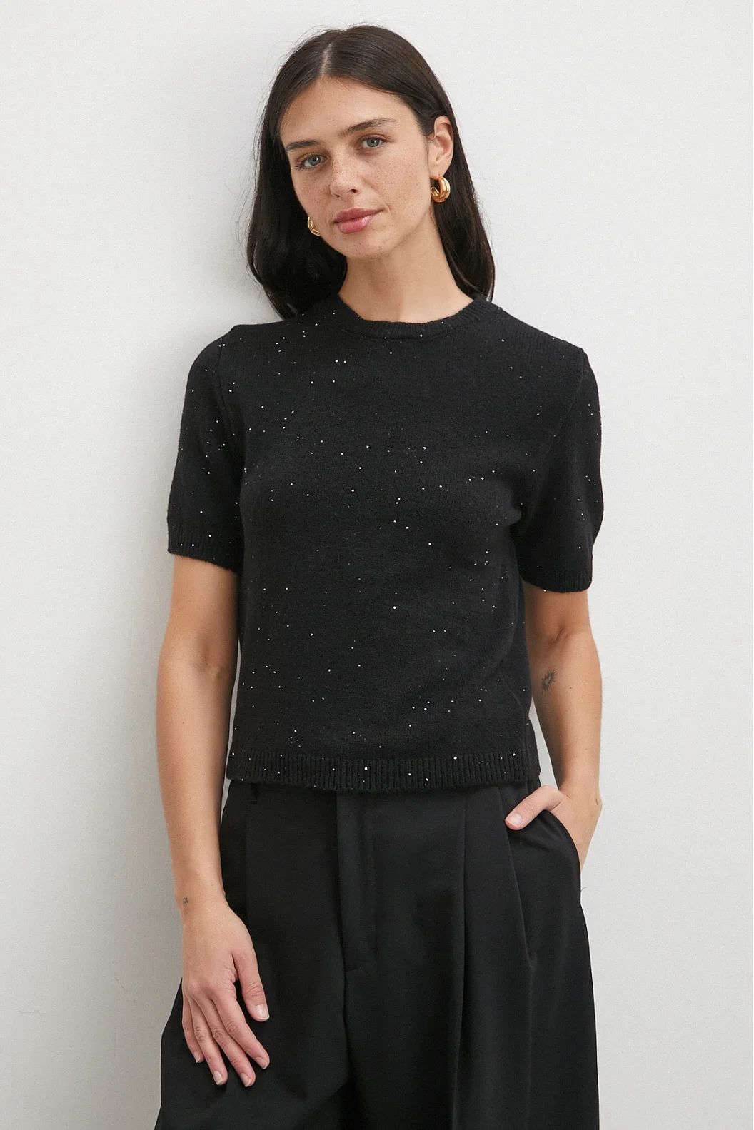 Simli Kısa Kol Kazak Siyah