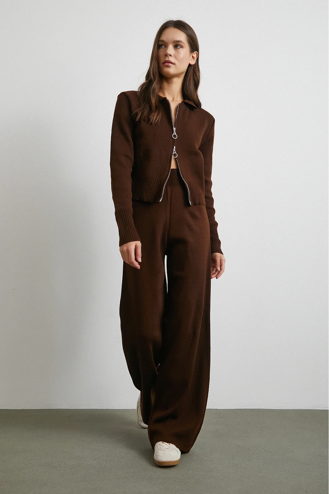 Çift Fermuarlı Hırka Takım Kahve