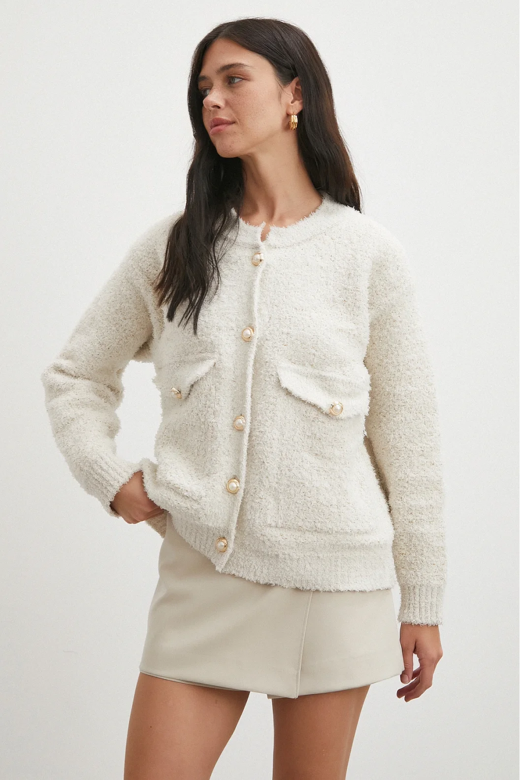 Cepli Düğmeli Simli Hırka Ekru