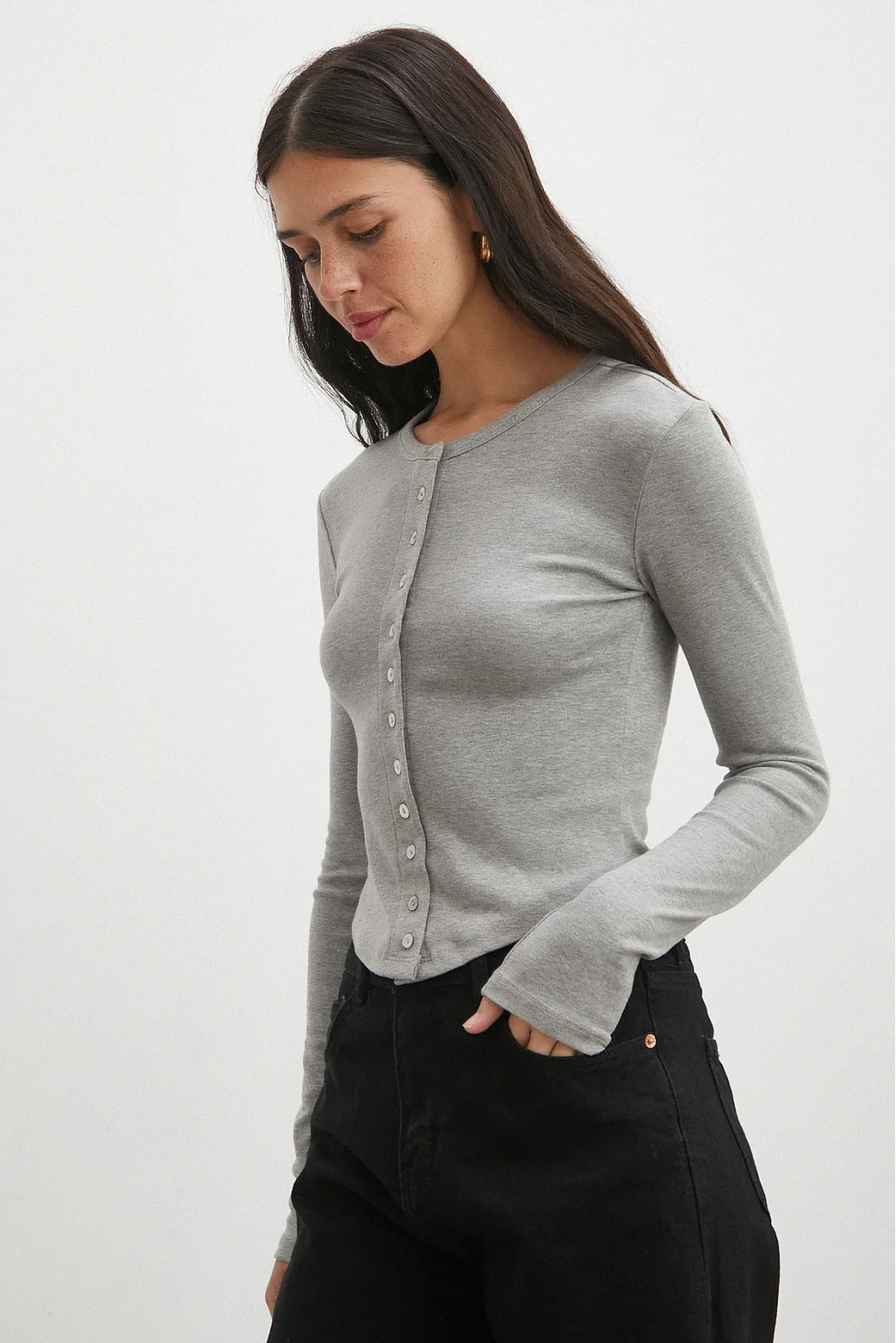 Düğmeli Uzun Kol Bluz Gri
