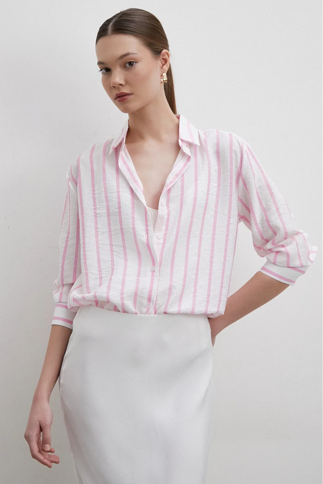 V Neck Striped Modal Shirt Pink