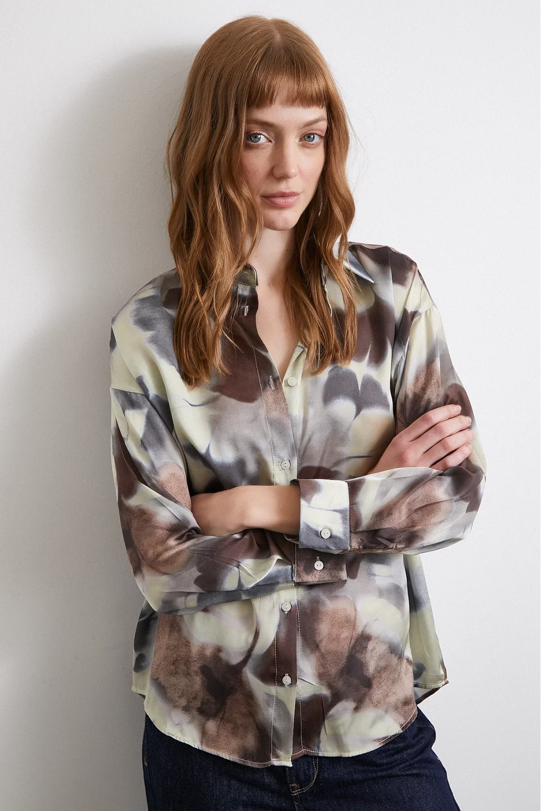 Batik Pattern Satin Shirt Brown