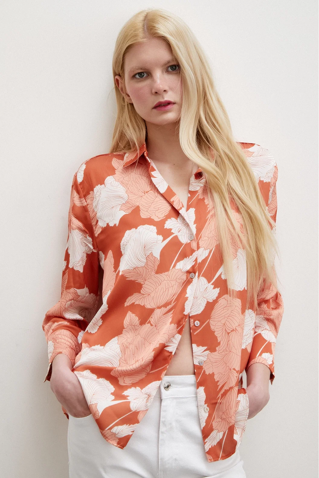 V-Neck Satin Shirt Brick