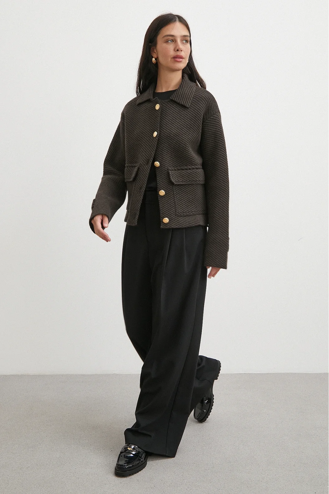 Polo Yaka Cepli Gold Düğmeli Ceket Kahve