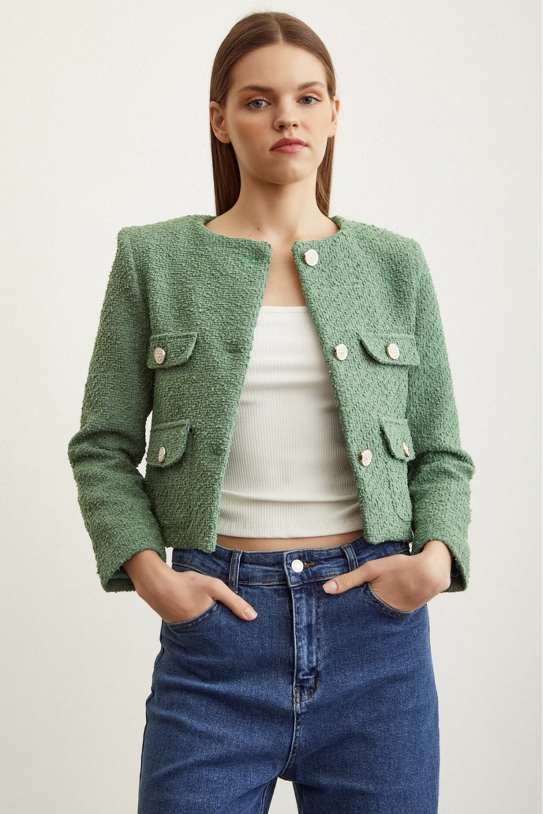 Button Detail Tweed Jacket Green