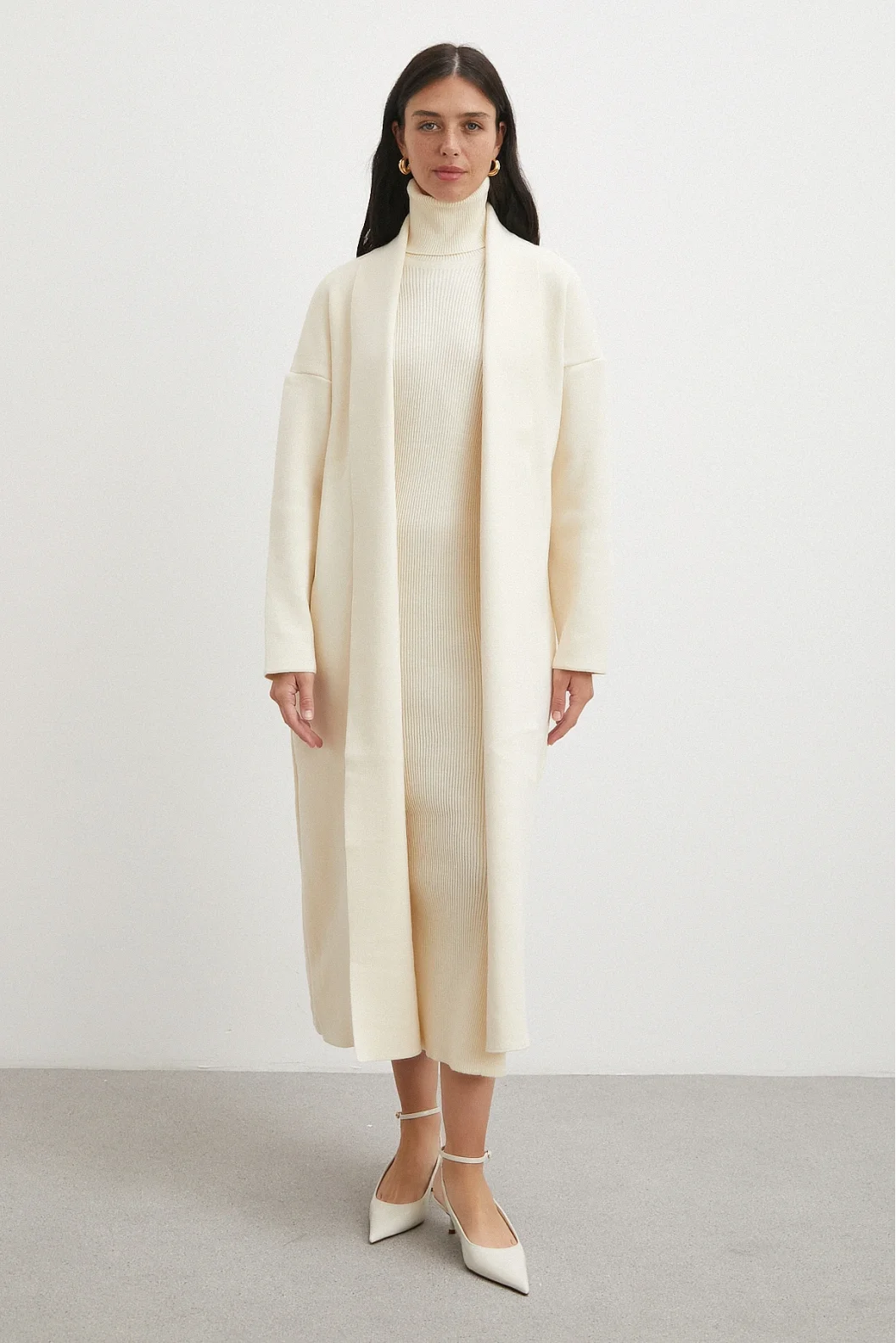 Uzun Elbiseli Hırka Triko Takım Ekru