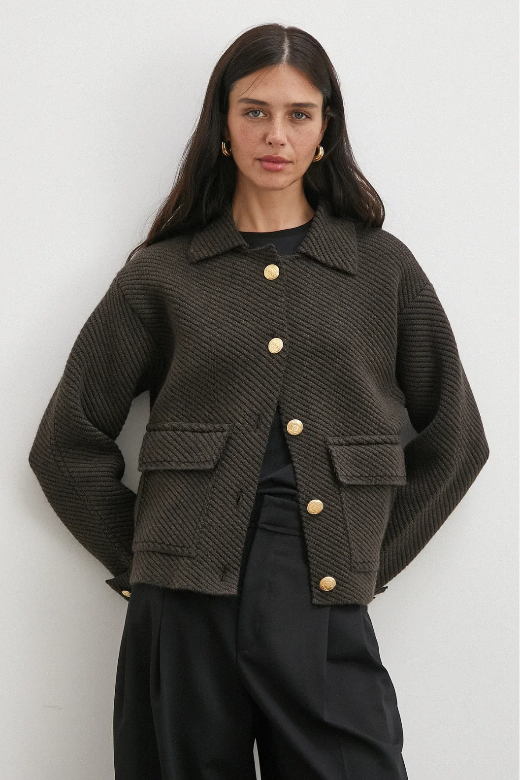 Polo Yaka Cepli Gold Düğmeli Ceket Kahve