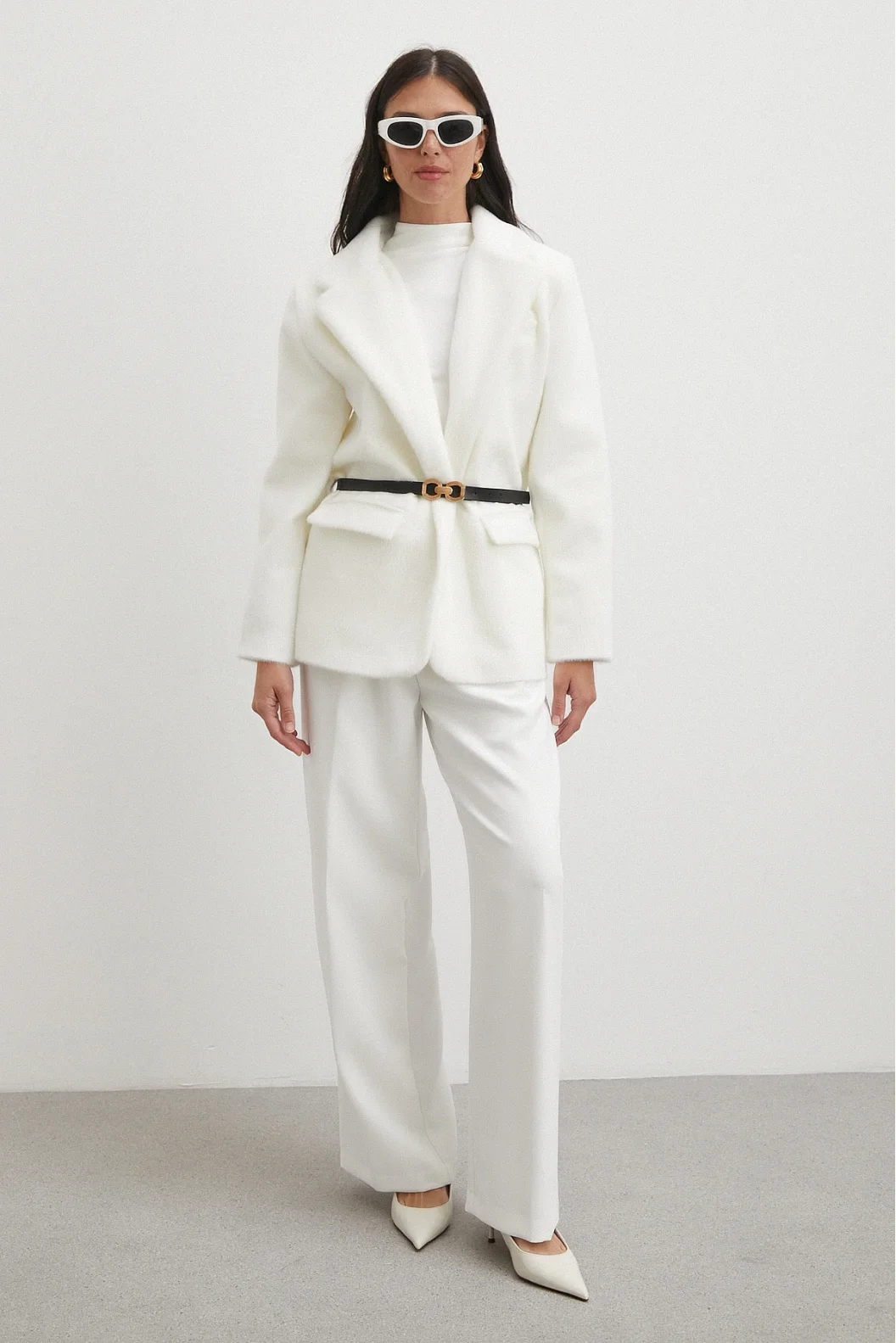 Kemerli Tay Flock Ceket Beyaz