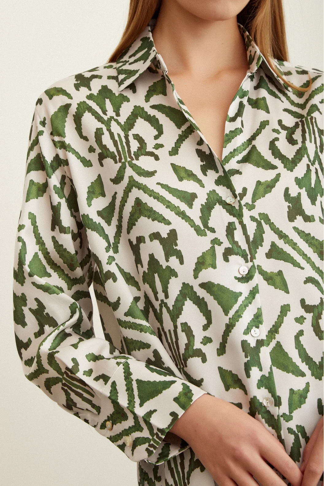 V Neck Patterned Satin Shirt Khaki