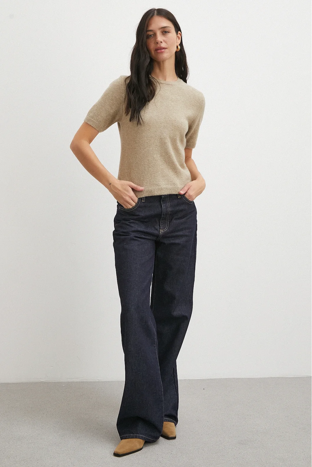 Simli Kısa Kol Kazak Vizon