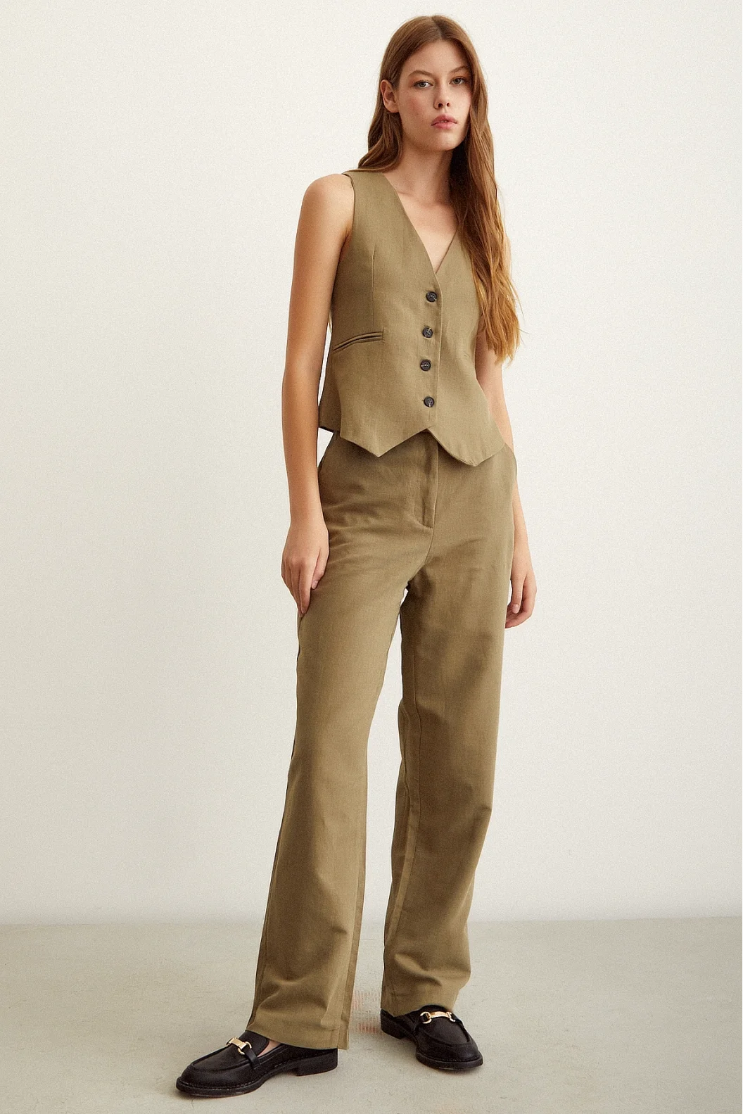 High Waist Linen Trousers Khaki