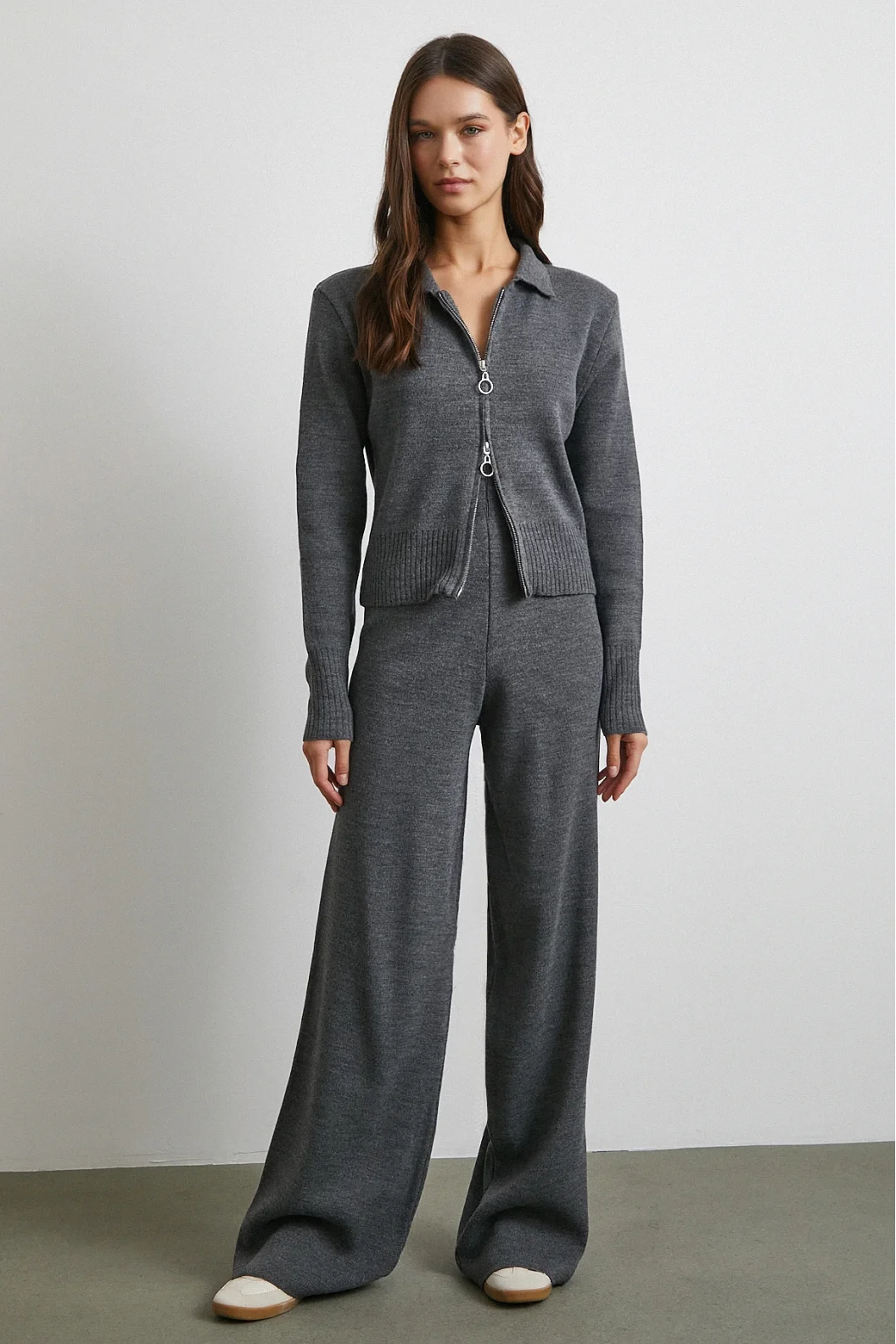 Çift Fermuarlı Hırka Takım Gri