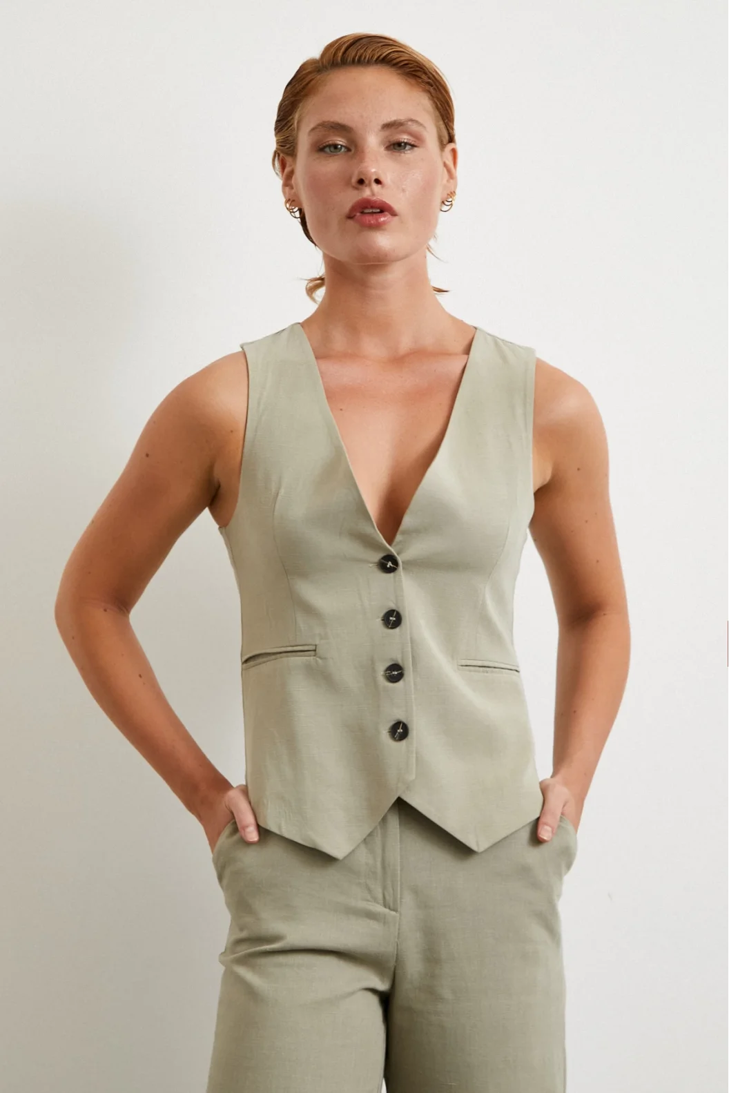 Cep Kapaklı Keten Yelek Gri