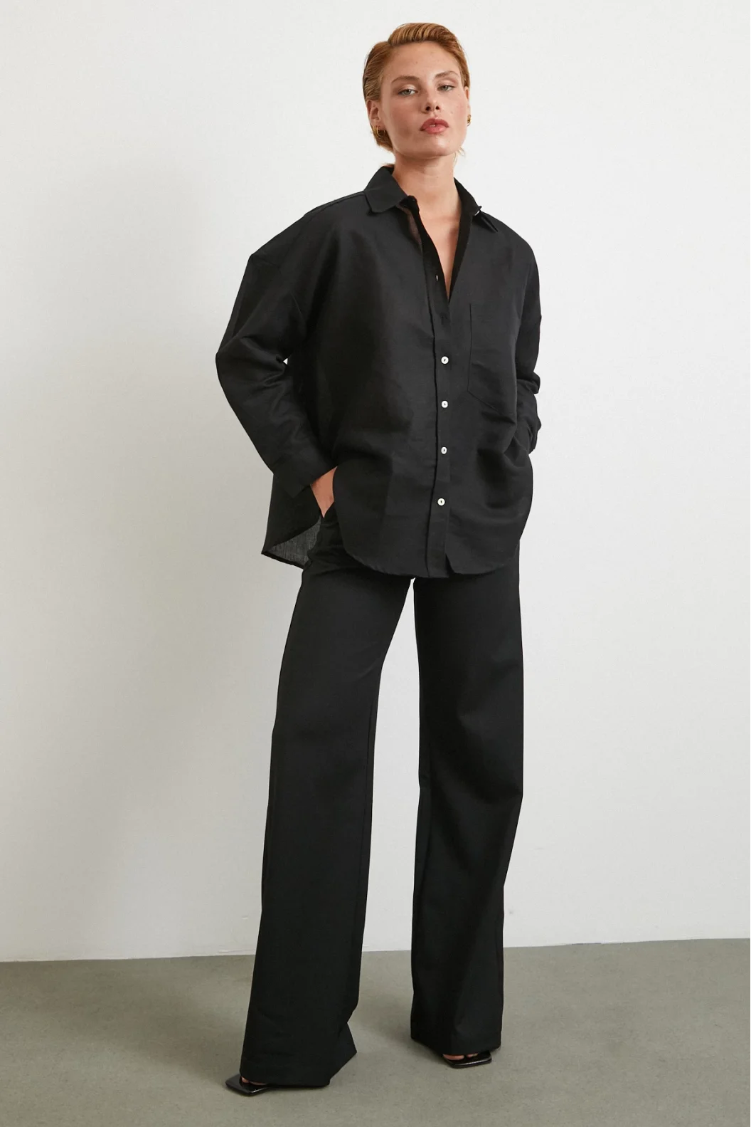 Cepli Oversize Keten Gömlek Siyah