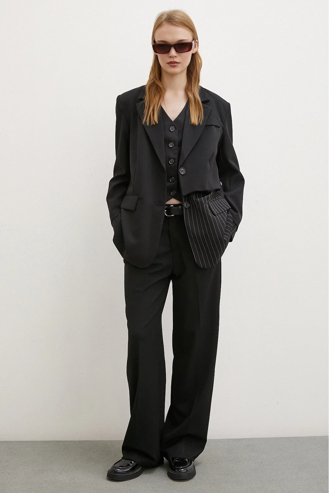 Line Detailed Double Buttoned Blazer Jacket Black