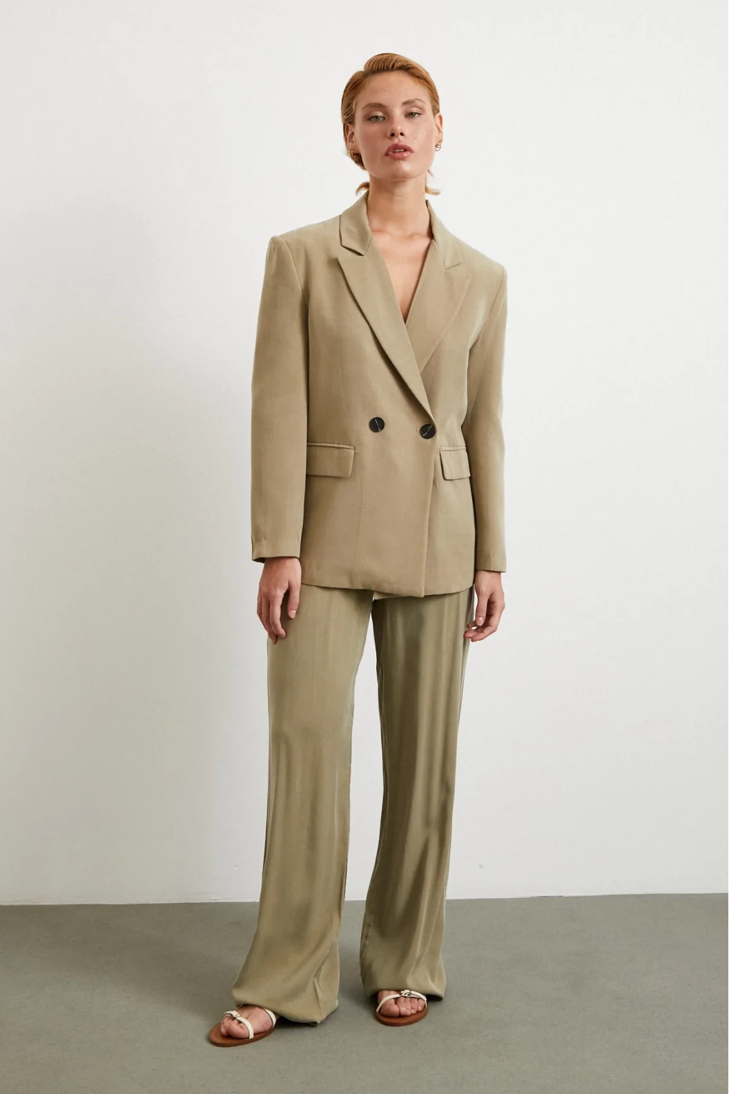 Çift Düğmeli Keten Blazer Ceket Haki