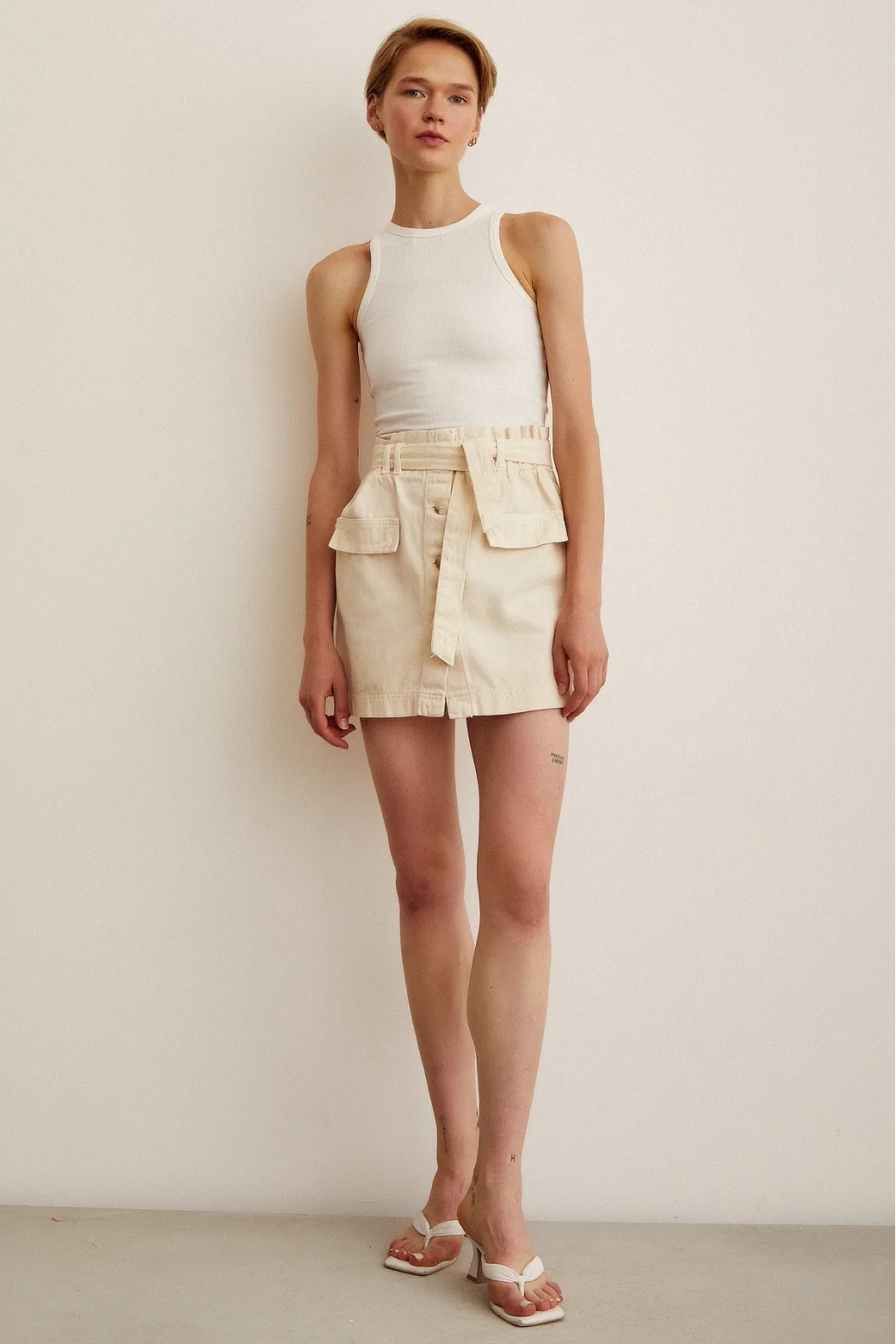 Buttoned Gabardine Skirt Beige