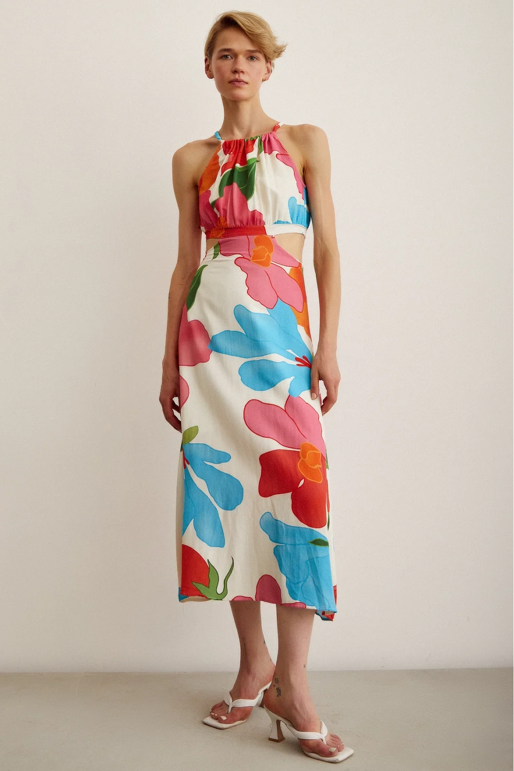 Side Cut Flared Strap Dress Blue