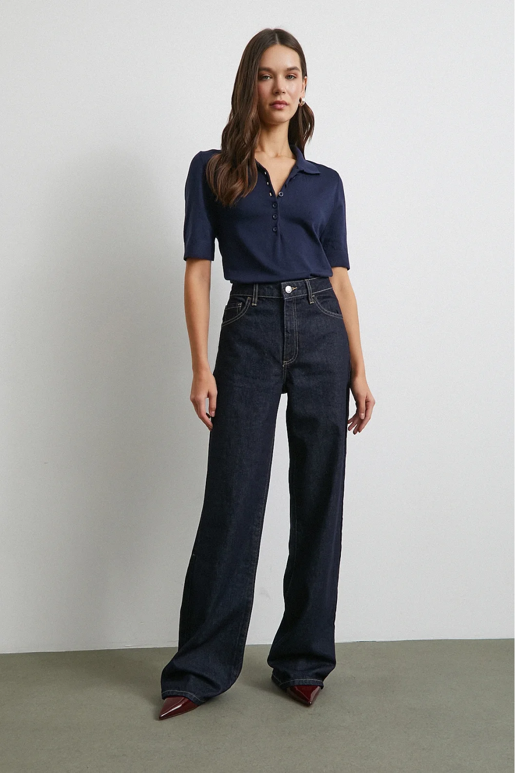 Polo Yaka Düğmeli Kısa Kol Triko Lacivert