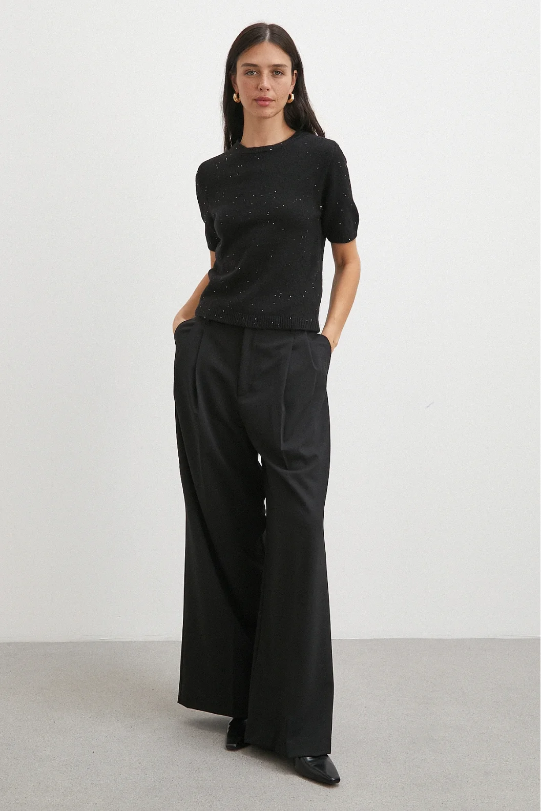 Simli Kısa Kol Kazak Siyah