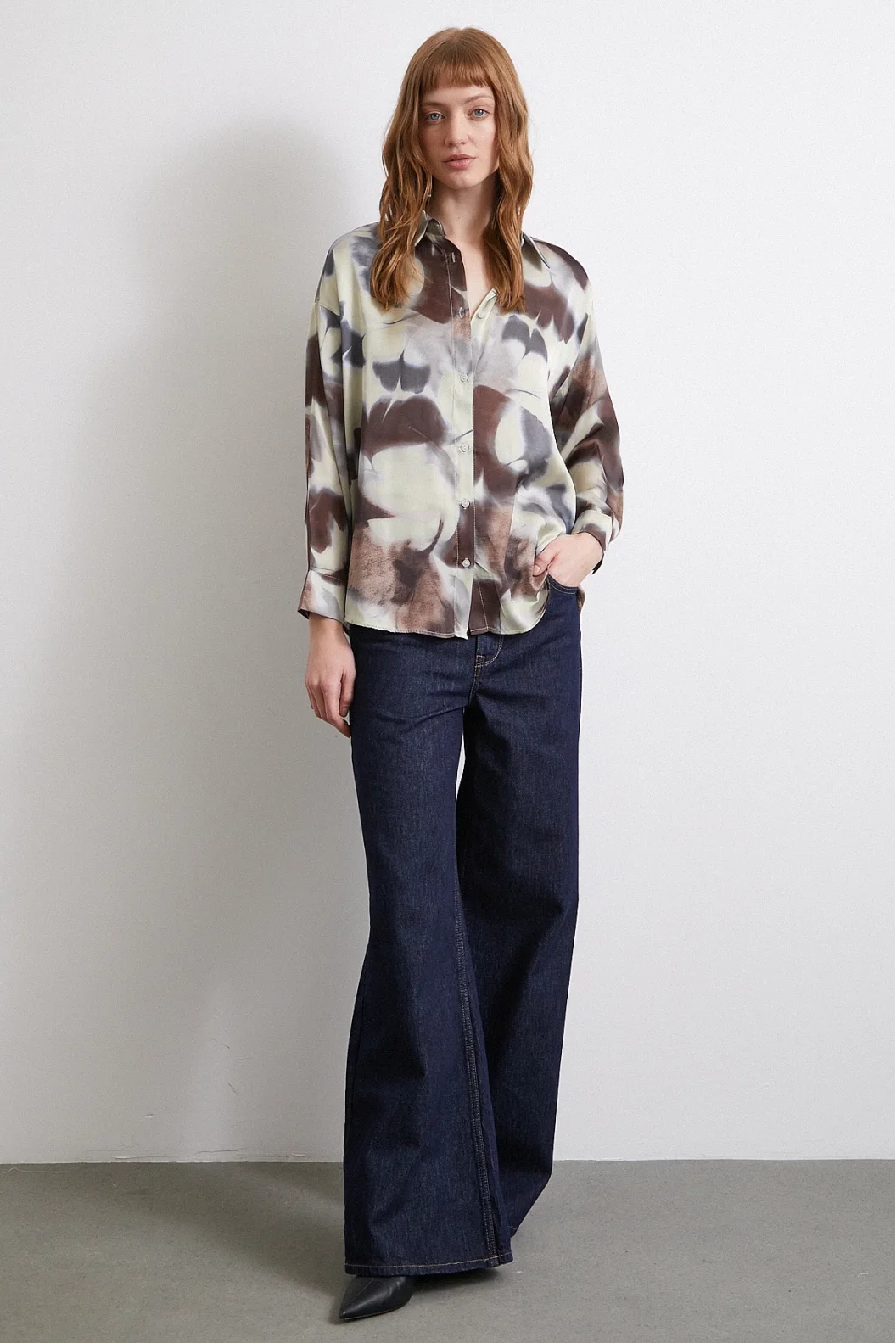 Batik Pattern Satin Shirt Brown
