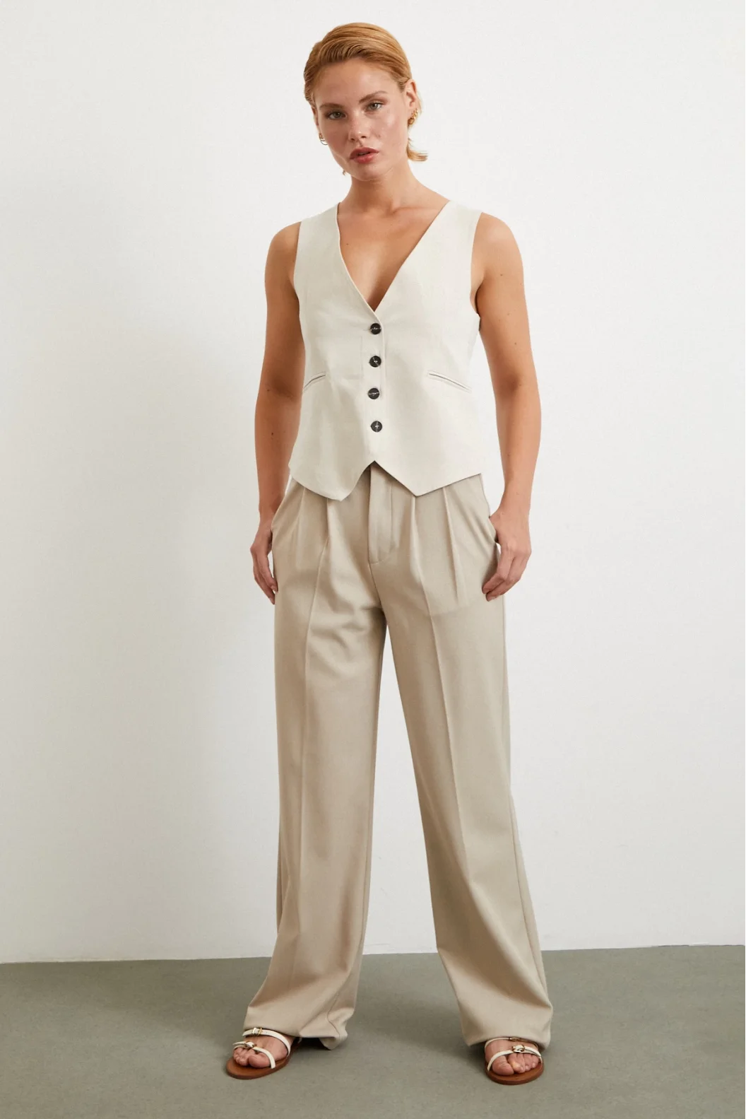 Cep Kapaklı Keten Yelek Krem