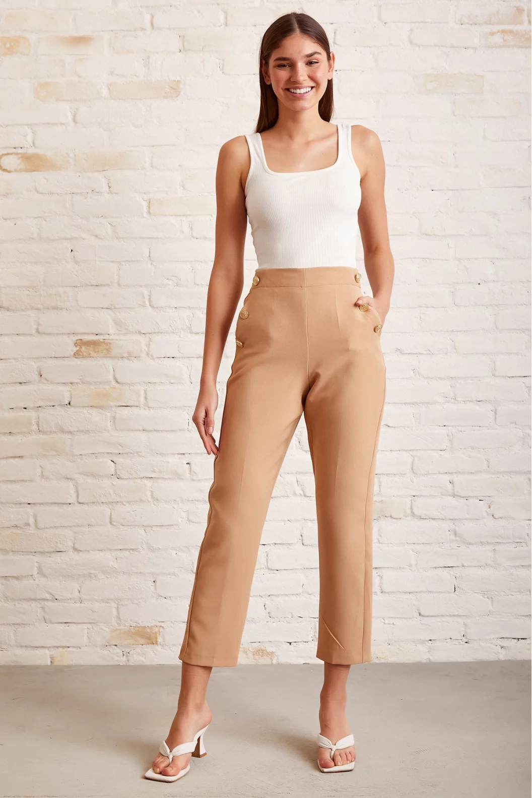 Button Detailed Slim Fit Pants Beige
