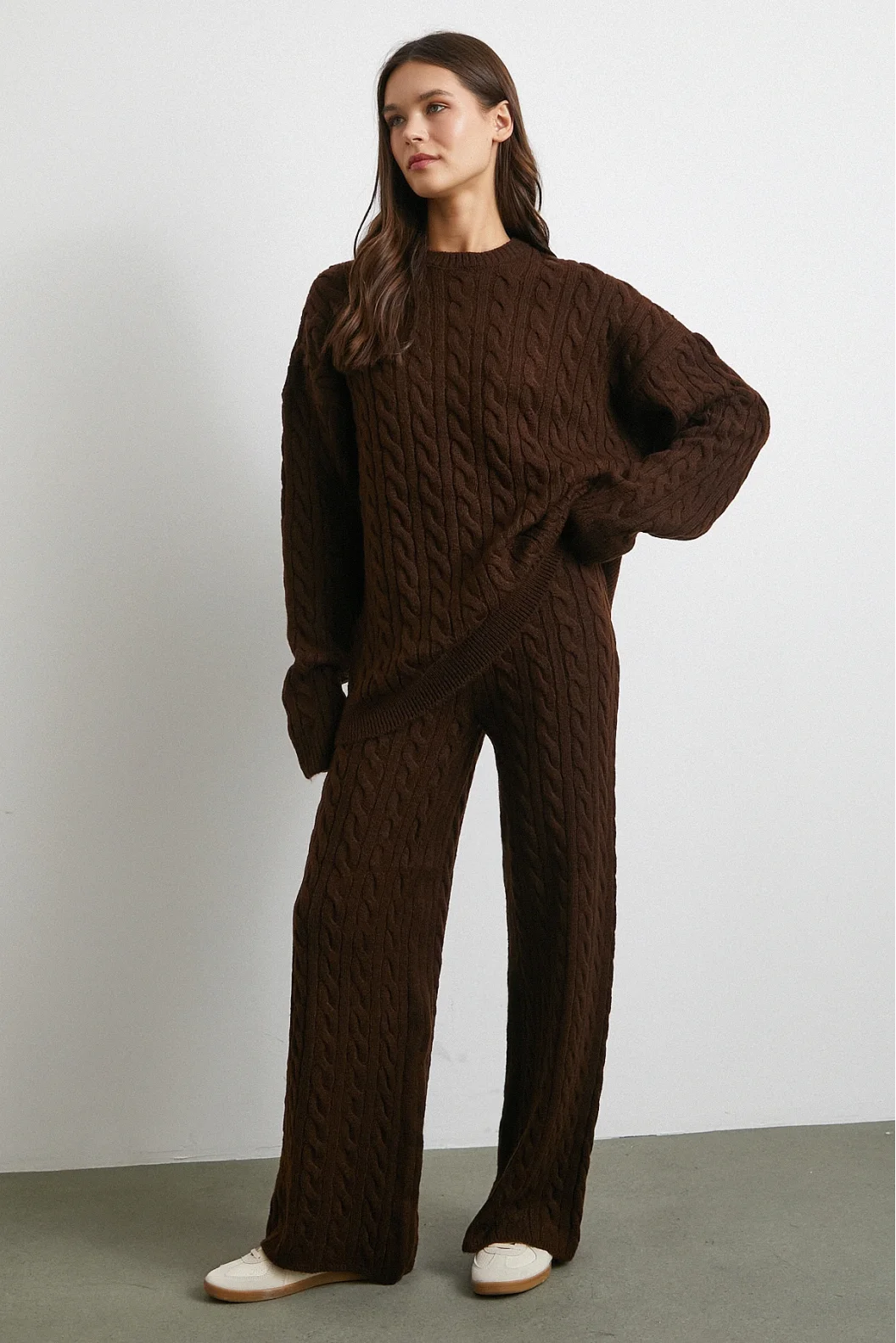 Desenli Şardonlu Triko Takım Kahve