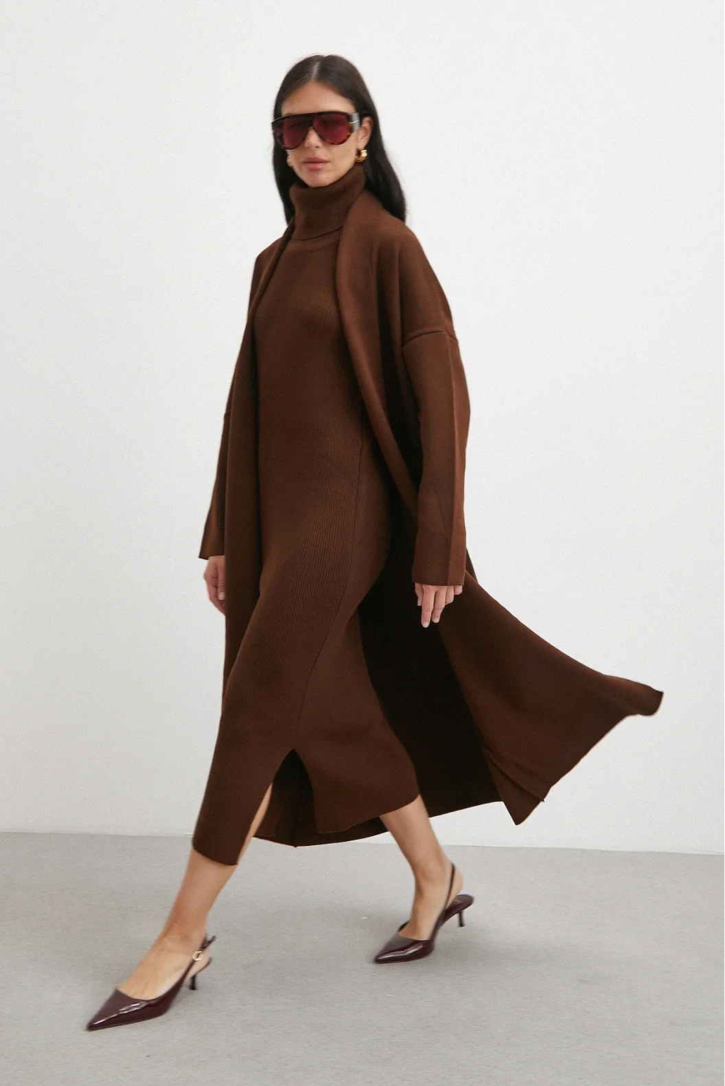 Uzun Elbiseli Hırka Triko Takım Kahve